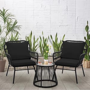 3-Piece Wicker Patio Conversation Bistro Set, Outdoor All-Weather Furniture with Black Cushion for Porch, Backyard
