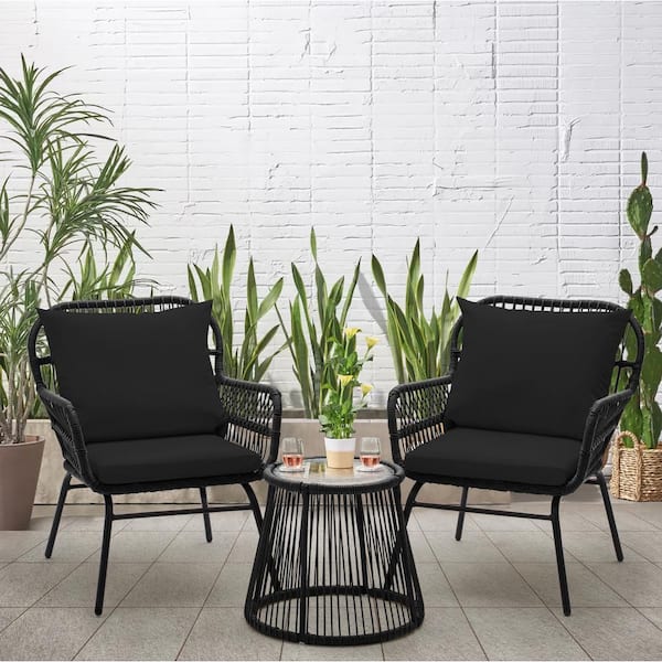 EROMMY 3-Piece Wicker Patio Conversation Bistro Set, Outdoor All-Weather Furniture with Black Cushion for Porch, Backyard