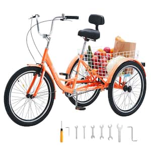 Adult Tricycles Bike 26 in. 3-Wheeled Bicycles 3 Wheel Bikes Trikes Carbon Steel Cruiser Bike, Orange