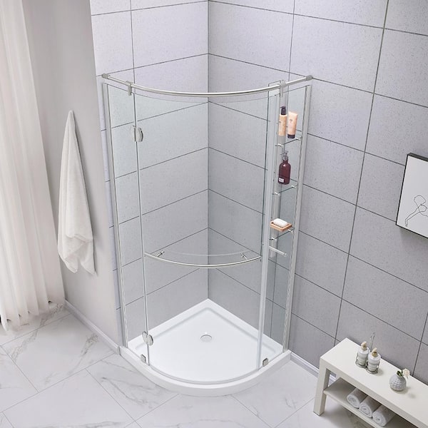 Glacier Bay Shower Stall Kit 34 in. x 76.40 in. Corner Drain Satin Nickel White GBSH133