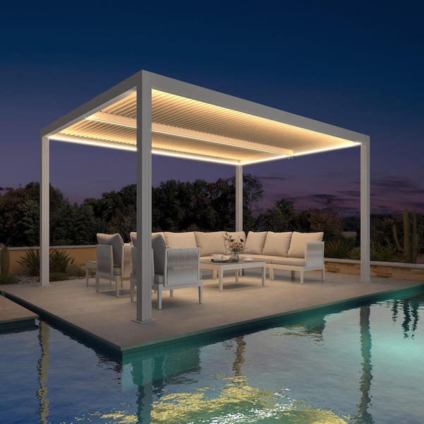 10 ft. x 14 ft. White Aluminum Frame Outdoor Louvered Pergola Gazebo with Adjustable Sunshade Roofs and LED Strip Lights
