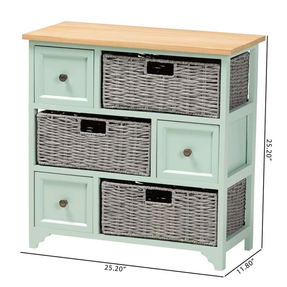 Mint Green and Oak Brown 3-Drawer Storage Unit with Wicker Baskets