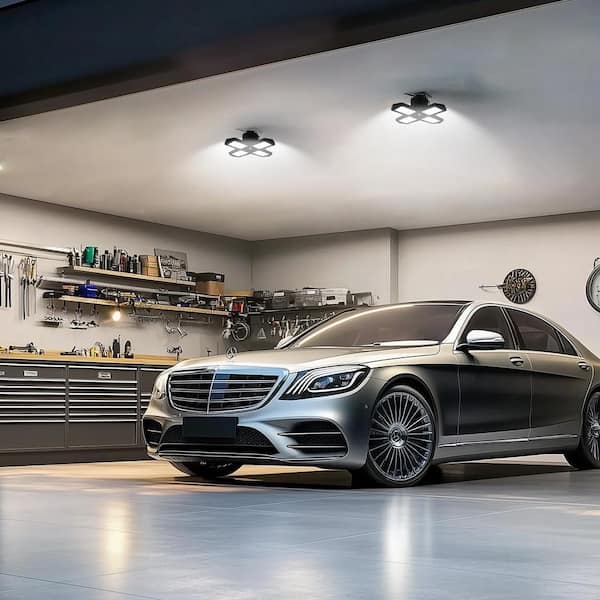 11 in. 60-Watt Black Motion Sensor LED Flush Mount Adjustable LED Light with Foldable Panels for Garage