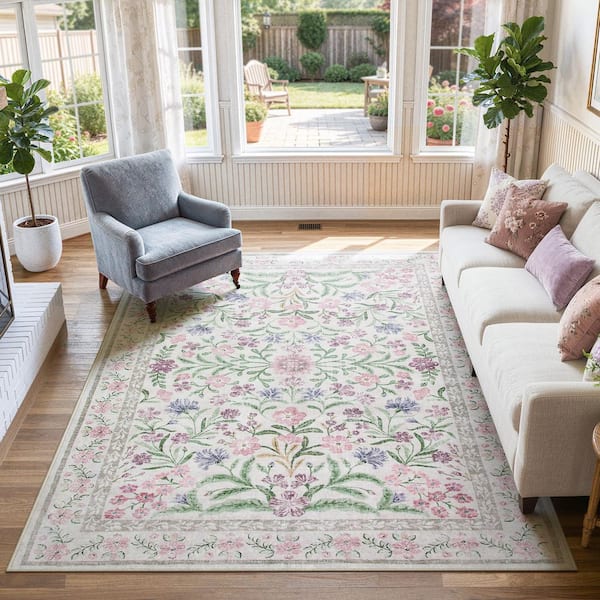 Oriental Floral Purple Soft Non-Slip 8 ft. x 10 ft. Living Room/Bedroom Indoor Area Rug