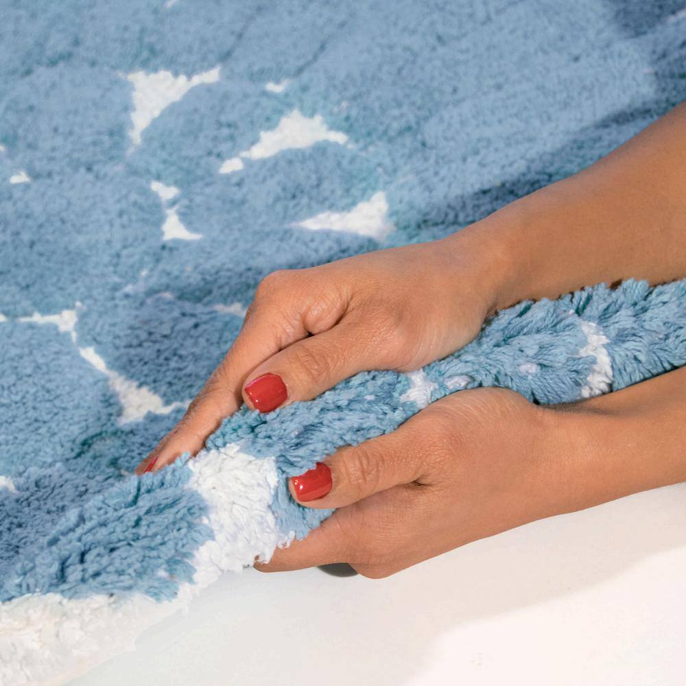 Off-White and Blue Cotton Floral Bath Rug Set