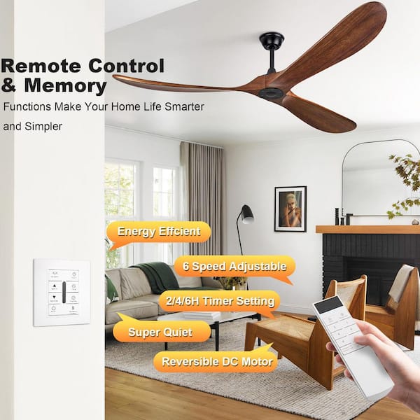 72 in. Walnut Finish Solid Wood Ceiling Fan, Indoor Fan with 3-Downrods, Remote and Wall Control