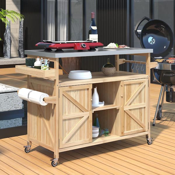 Unbranded Light Wood Outdoor Rolling Bar Grill Cart with Stainless Steel Top and Spice Rack