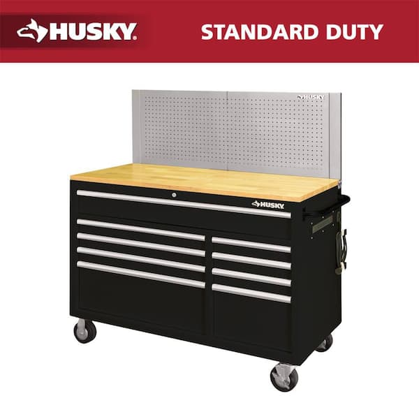 52 in. W x 24.5 in. D 9-Drawer Standard Duty Mobile Workbench Tool Chest with Solid Work Top and Pegboard in Gloss Black