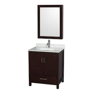 Sheffield 30 in. W x 22 in. D x 35.25 in. H Single Bath Vanity in Espresso with White Carrara Marble Top and MC Mirror