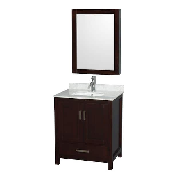 Wyndham Collection Sheffield 30 in. W x 22 in. D x 35.25 in. H Single Bath Vanity in Espresso with White Carrara Marble Top and MC Mirror