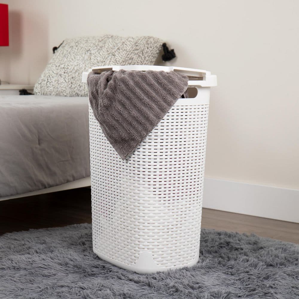 White Plastic Wicker Style Upright Hamper with Lid for Kids