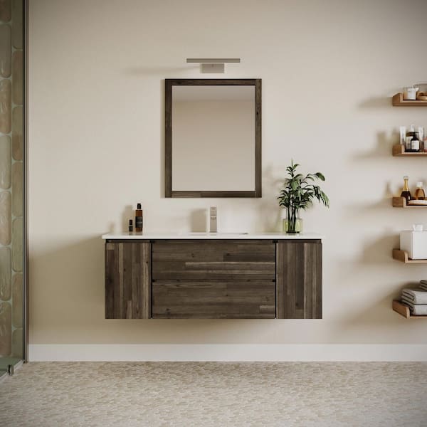 Fresca Formosa 54 in. Single Sink Wall Mount Floating Acacia Bath Vanity with White Quartz Top and Undermount Ceramic Sink