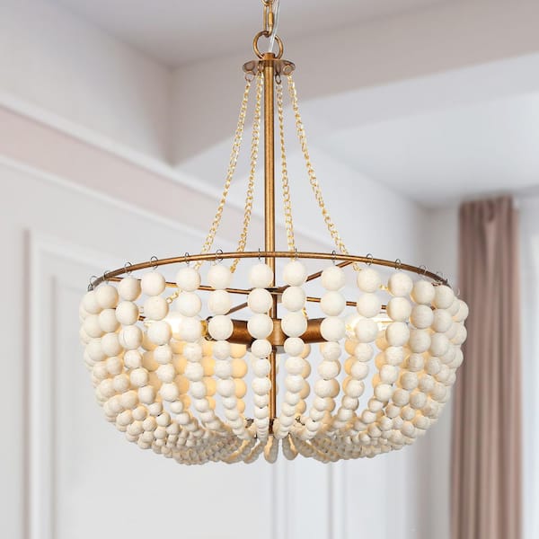 Uolfin 3-Light Antique Gold Drum Chandelier with Weatheted White Wood Beads