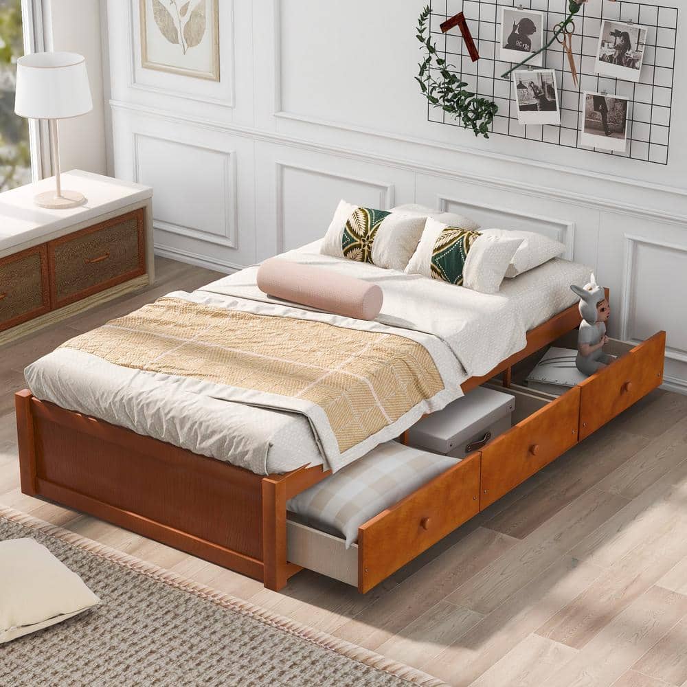 Qualler Oak Twin Size Platform Storage Bed with 3 Drawers, Brown