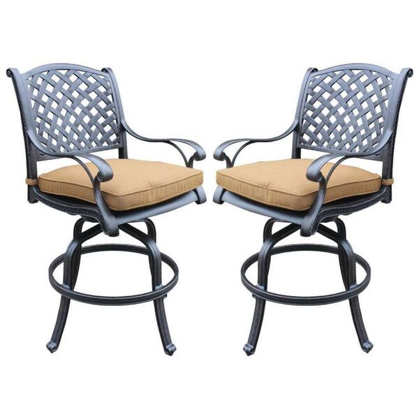 Benjara Swivel Metal Outdoor Bar Stool with Brown Cushion (Set of 2)