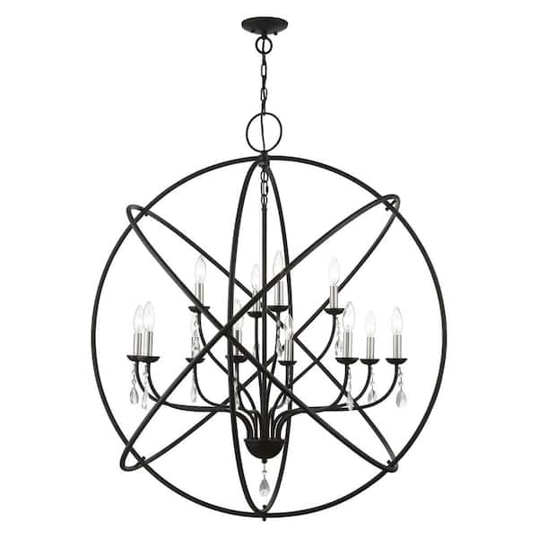 Cahill 12-Light Black Grande Foyer Chandelier with Brushed Nickel Candles and Crystals
