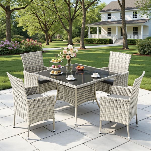5-Piece Gray Wicker Outdoor Dining Set with Dark Gray Cushions