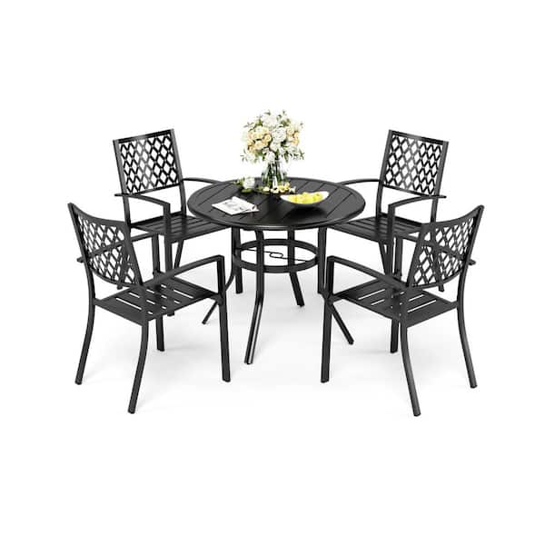 PHI VILLA Black 5-Piece Metal Outdoor Patio Dining Set with Slat Round Table and Elegant Stackable Chairs