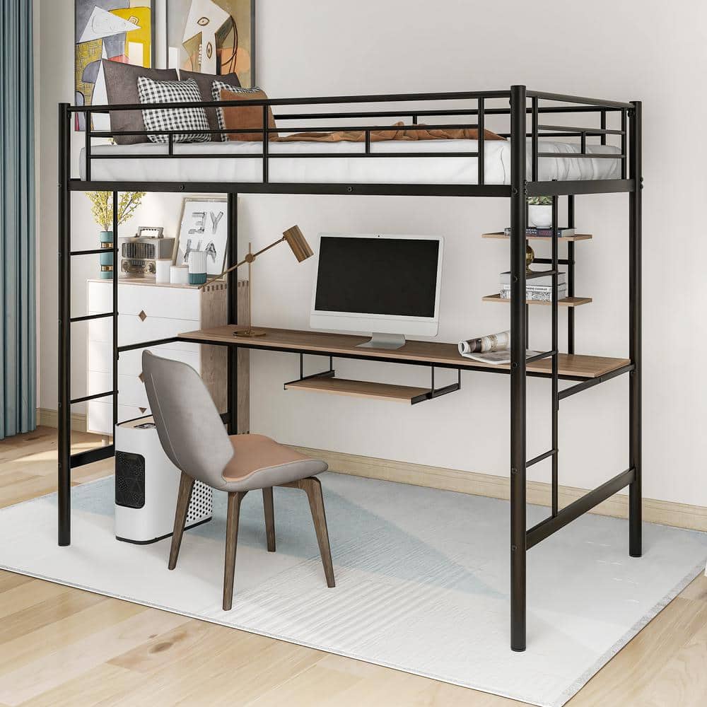 ANBAZAR Black Twin Size Metal Loft Bed with Desk, Bookshelves, and ...