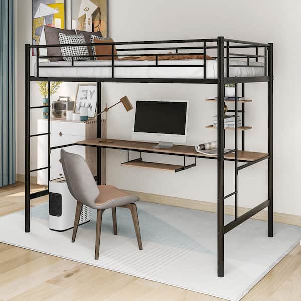 ANBAZAR Black Twin Size Metal Loft Bed with Desk, Bookshelves, and Keyboard Tray, Kids Loft Bed with 2 Ladders and Guardrails