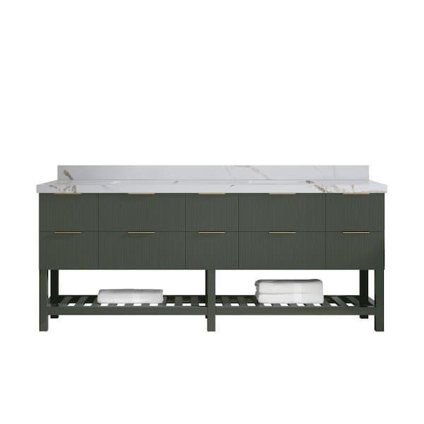 Willow Collections Catalina 84 in. Double Sink Freestanding Pewter Green Bath Vanity with Calacatta Gold Qt. Top Unassembled