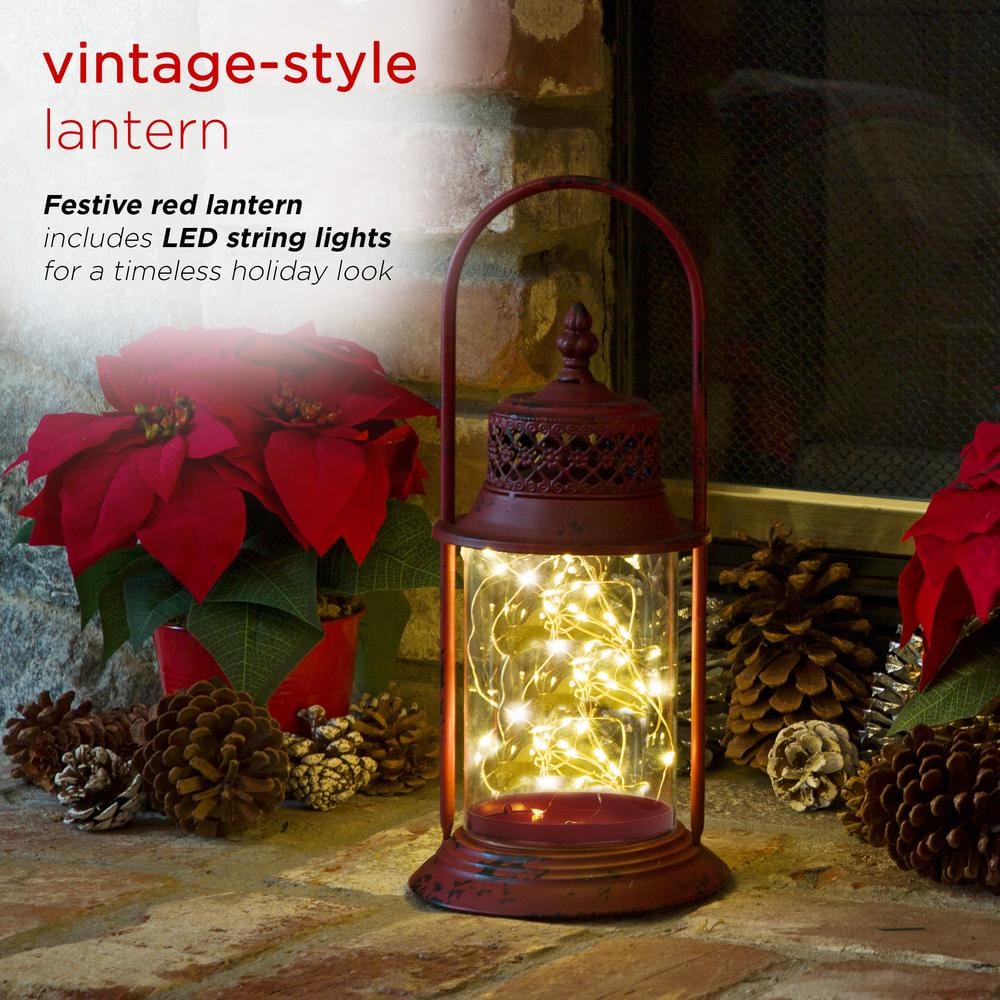 Red Antique Metal and Glass Lantern with Warm LED Lights