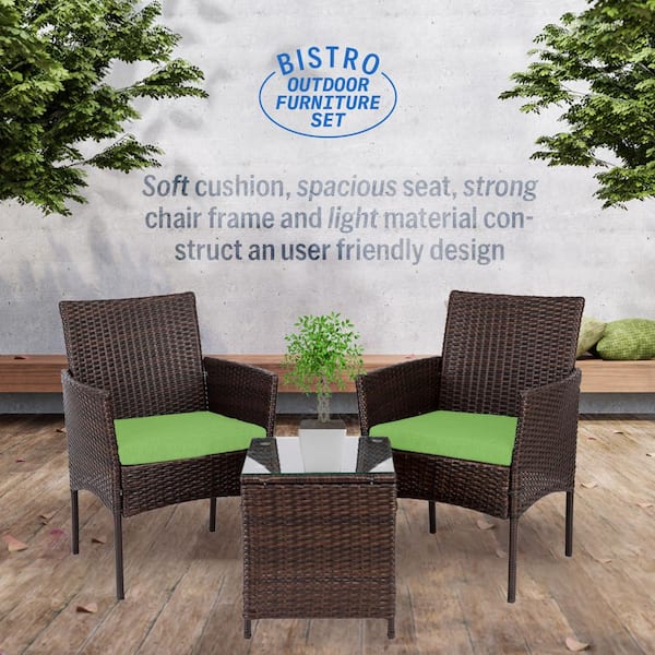 Pyramid Home Decor Alvino 3 Piece Wicker Rattan Outdoor Patio Bistro Set Chairs With Thick Green Cushion And Glass Top Coffee Table P A160 Gn The