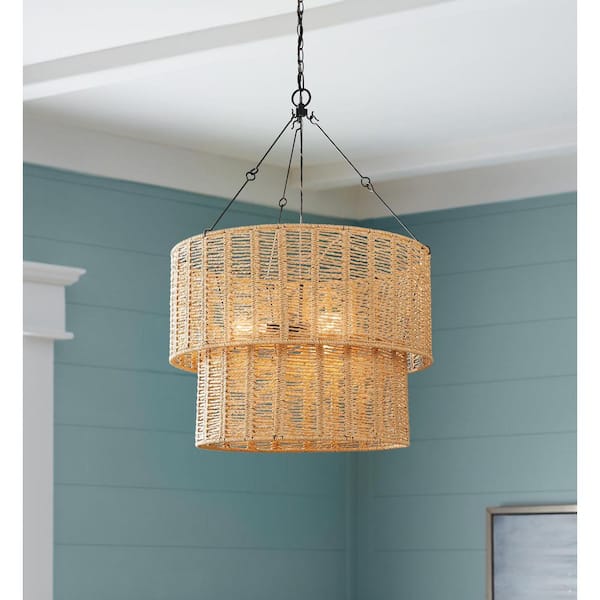 Hailee 3-Light Basket Hanging Pendant Black Natural Weave Shade