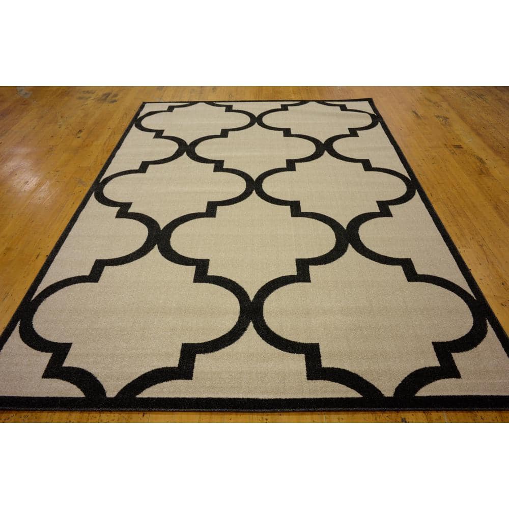 Beige and Black Trellis 7' x 10' Rectangular Easy Care Rug