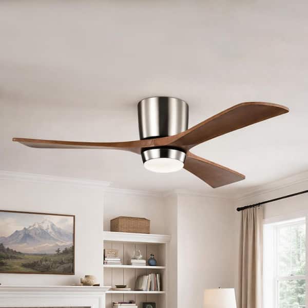 52 in. Integrated LED Indoor Flush Mount Brushed Nickel/Walnut Standard Ceiling Fan with Light and Remote 6-Speed