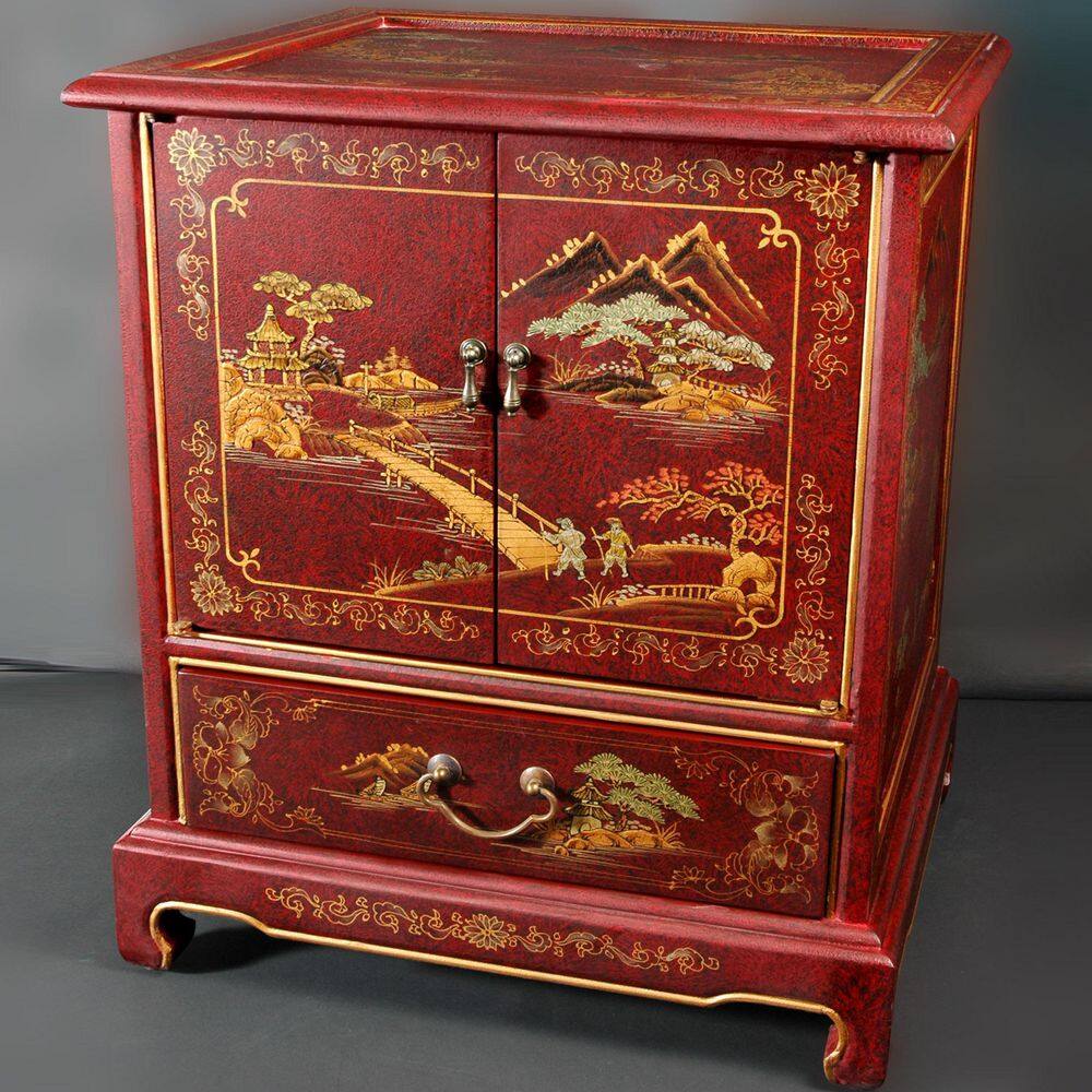 Red Landscape Oriental Elmwood End Table with Drawer