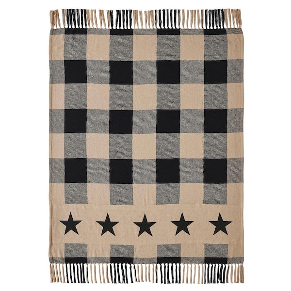 VHC Brands Black Check Star Country Black Natural Prim Check Woven 50 in. x 60 in. Cotton Blend Throw Blanket