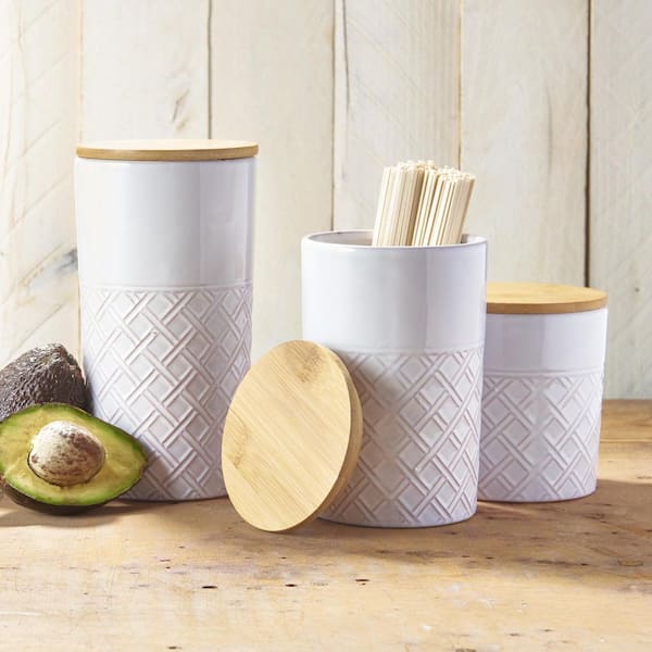 American Atelier 3-Piece Diamond Embossed Ceramic Canister Set with Lids, White