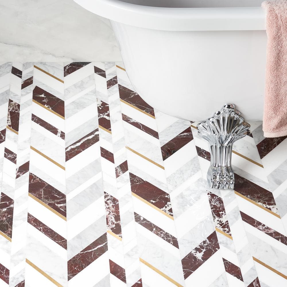 Tyra 12" x 18" Polished Marble and Brass Chevron Mosaic Tile