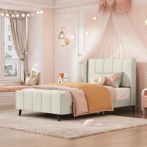 Channel-Tufted Beige Wood Frame Twin Size Velvet Upholstered Platform Bed with Additional Bed and Slats Support Legs