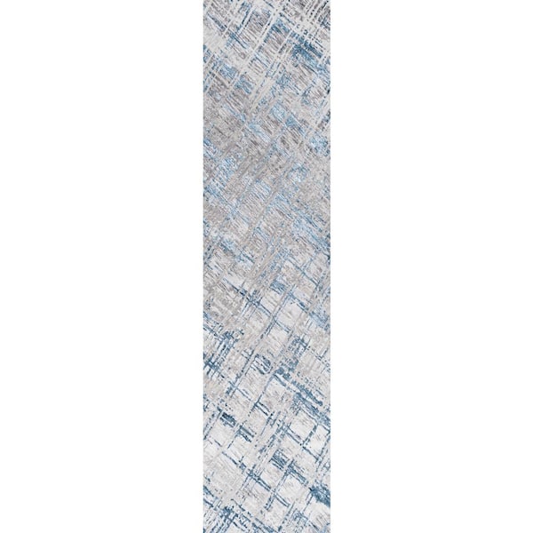 Slant Modern Abstract Gray/Blue 2 ft. x 10 ft. Runner Rug