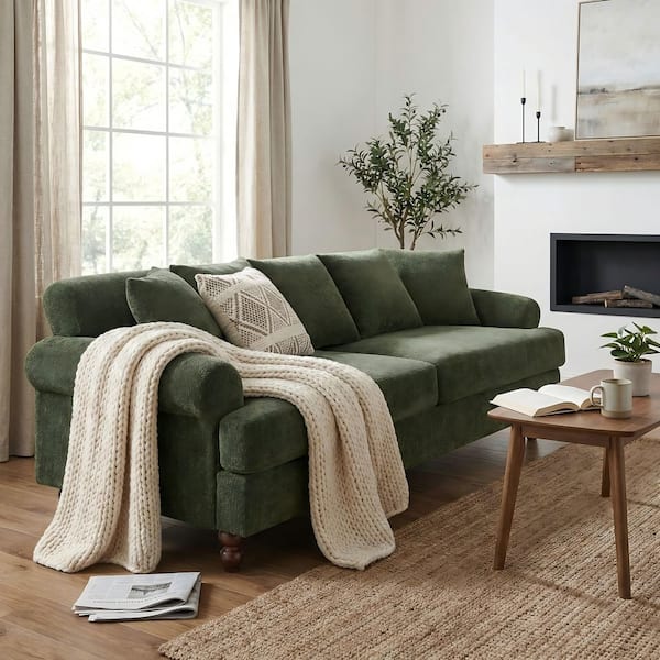 Marvella Modern 81.5 in. Rolled Arms Chenille Upholstered Rectangle 3-Seater Sofa in Green with Pillows