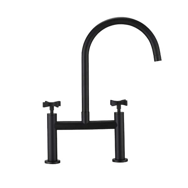 Tahanbath Double Handle Pull Down Sprayer Kitchen Faucet in Matte Black