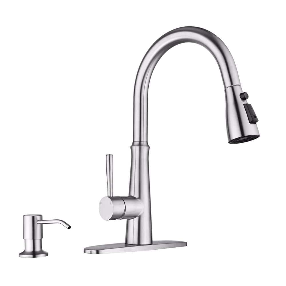 Brushed Nickel Stainless Steel Pull Down Kitchen Faucet with Soap Dispenser
