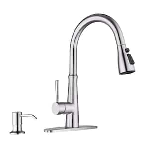 3 Functions Single Handle Pull Down Sprayer Kitchen Faucet with Soap Dispenser in Stainless Steel Brushed Nickel