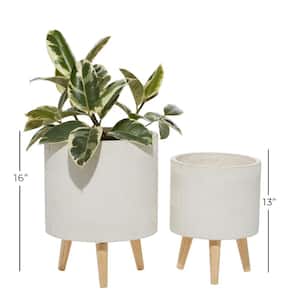 16 in., and 13 in. Medium White Ceramic Indoor Outdoor Planter with Wood Legs (2- Pack)