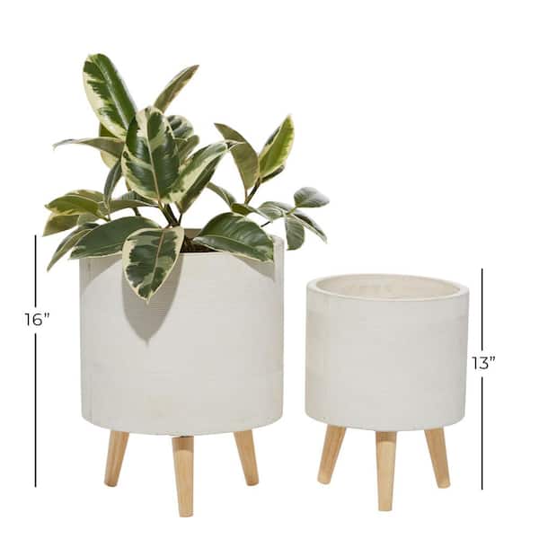 16 in., and 13 in. Medium White Ceramic Indoor Outdoor Planter with Wood Legs (2- Pack)