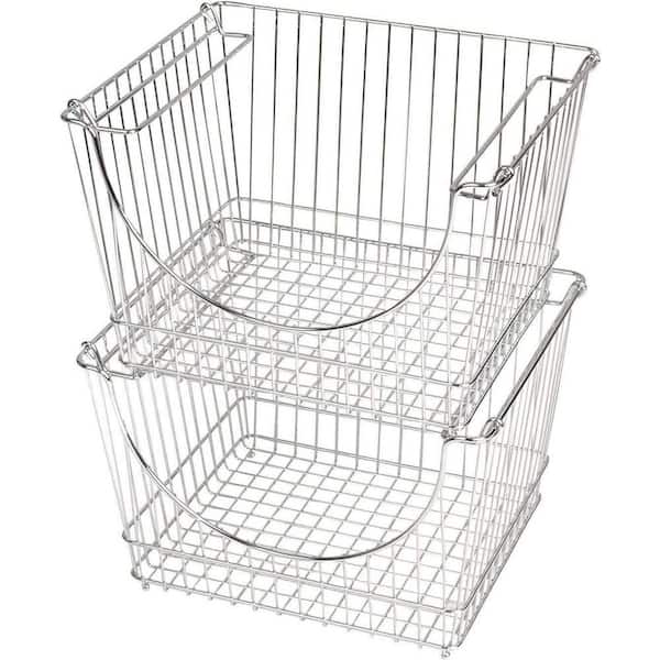 Stacking Baskets with Handles - Set of 2 Large - Fruit Produce and Vegetable 12.5 x 8.5 Inch - Chrome