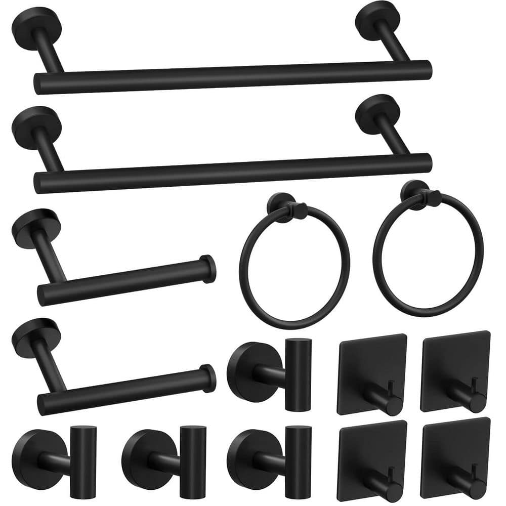 14-Piece Bathroom Accessories Set in Matte Black, Bath Towel Bar Set, Towel Racks for Bathroom Wall Mounted