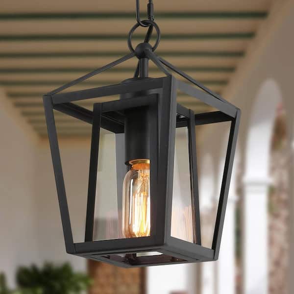 Uolfin 10 in. 1-Light Black Outdoor Transitional Pendant Light, Farmhouse Cage Outdoor Lantern Pendant Light w/ Glass Shade