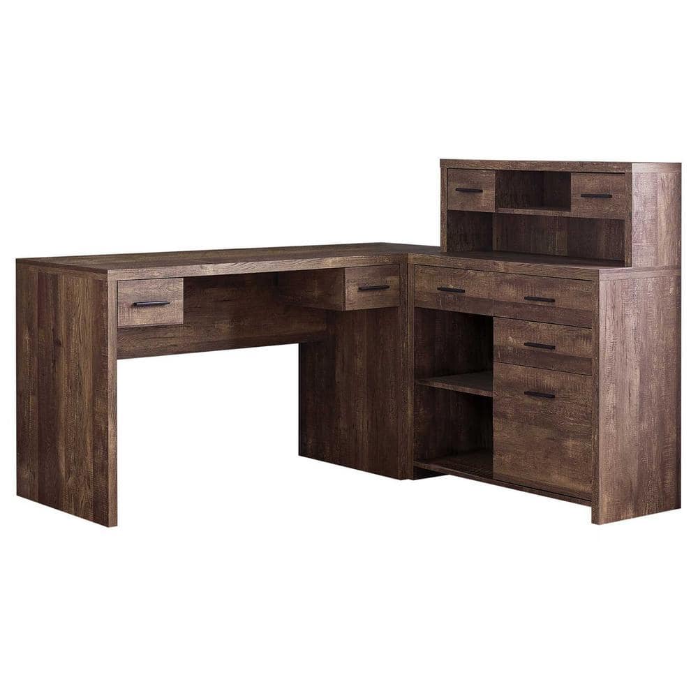 59 in. Brown L Shape Computer Desk With Eight Drawers