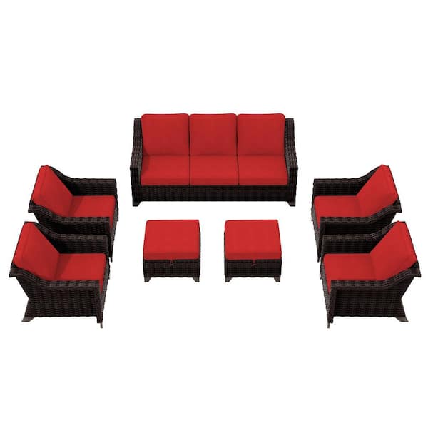 Brown Wicker 7-Piece Rattan Wicker Patio Conversation Set Garden Lawn Furniture with Red Cushions