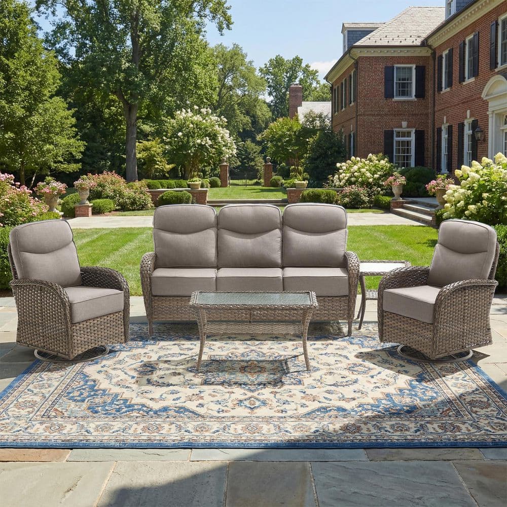 Goyal 5-Piece Brown Wicker 5-Seat Outdoor Patio Conversation Set with Gray Cushions, 2 Swivel Chairs and Coffee Table price history on PriceWatchPro