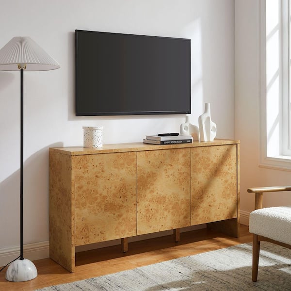Hudson Burl Wood 60 in. Sideboard with 3-Doors in Natural-Modern Buffet Cabinet-Versatile TV Stand Media Cabinet
