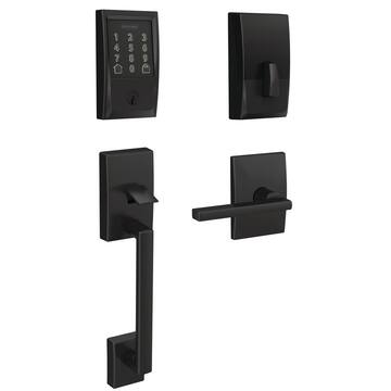 Century Encode Smart Wifi Deadbolt Door Lock with Alarm and Latitude Lever Handleset in Matte Black